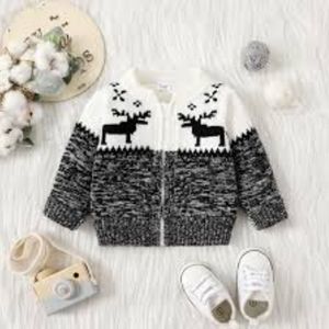 Carter's Knit Winter Blue and White Moose Zip Sweater 18M